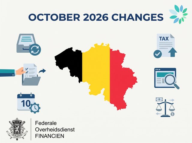 Infographic titled “October 2026 changes”: a map of Belgium in the national colours, surrounded by icons for filing, tax documents, deadlines and rates