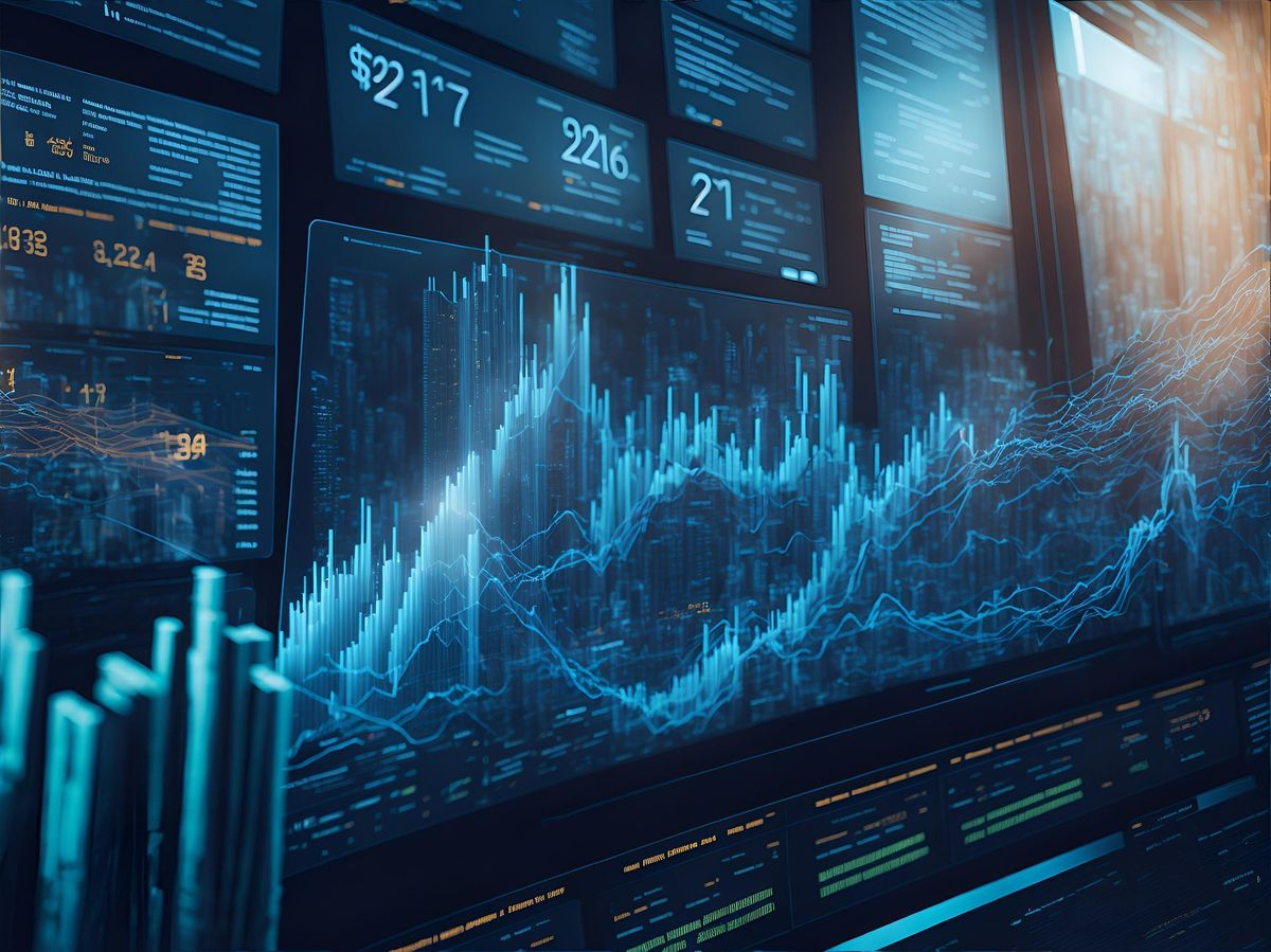 Financial data and charts on several screens