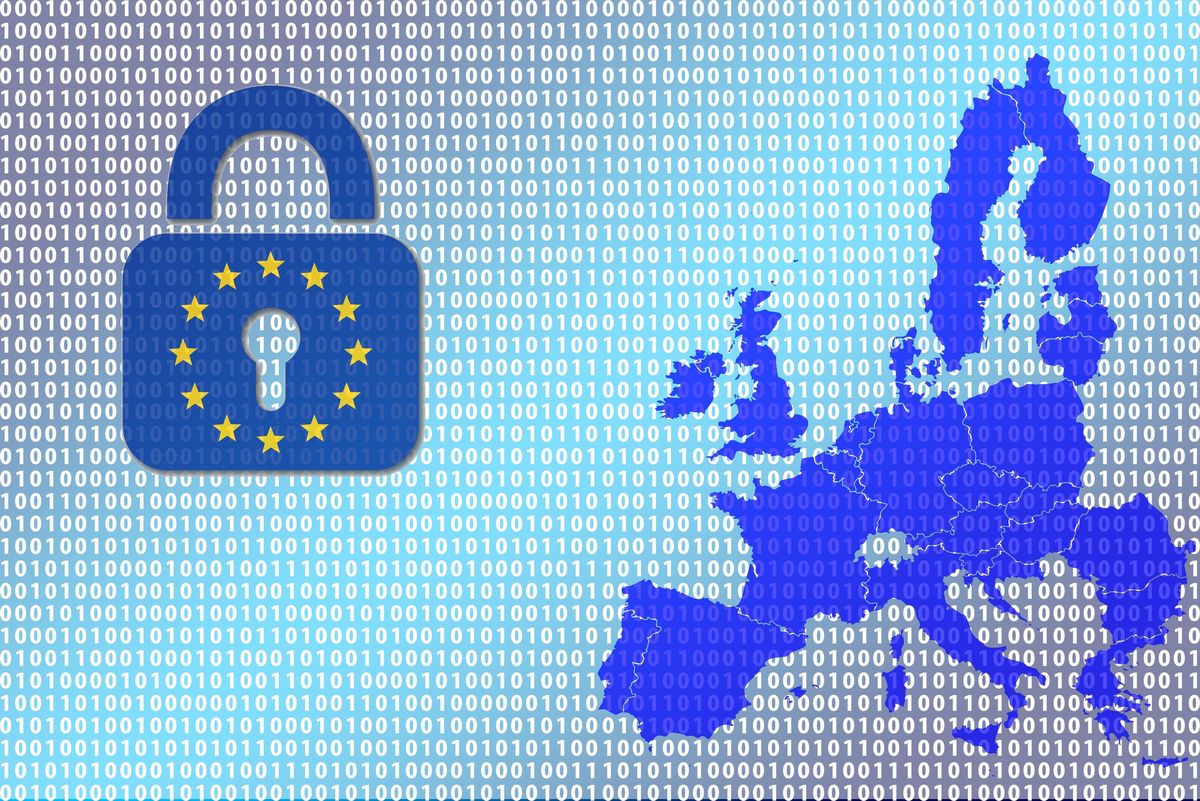 EU padlock and map of Europe over binary code, symbolising data protection in the EU