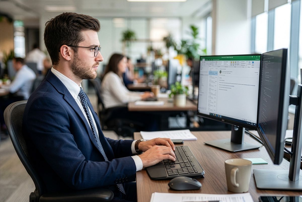 Professional working at a desk in a modern office