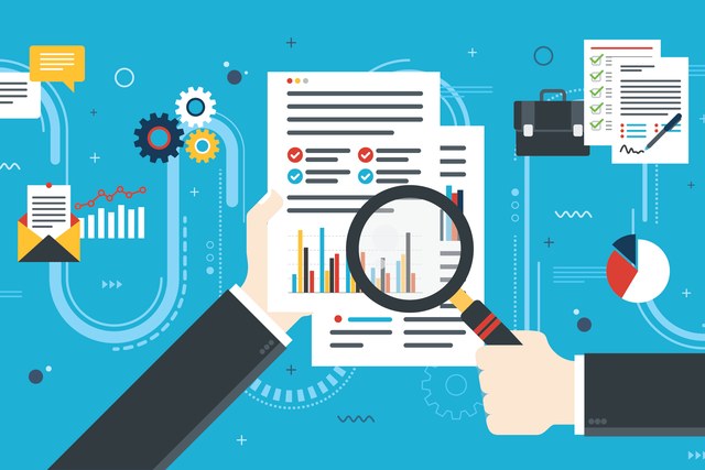 Illustration of hands reviewing a financial report with a magnifying glass