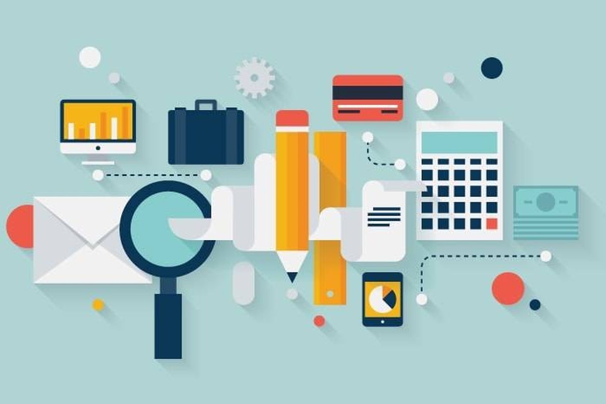 Illustration of accounting tools and icons connected together