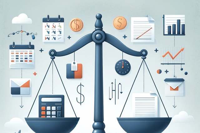 Illustration of a balanced scale with accounting icons on each side