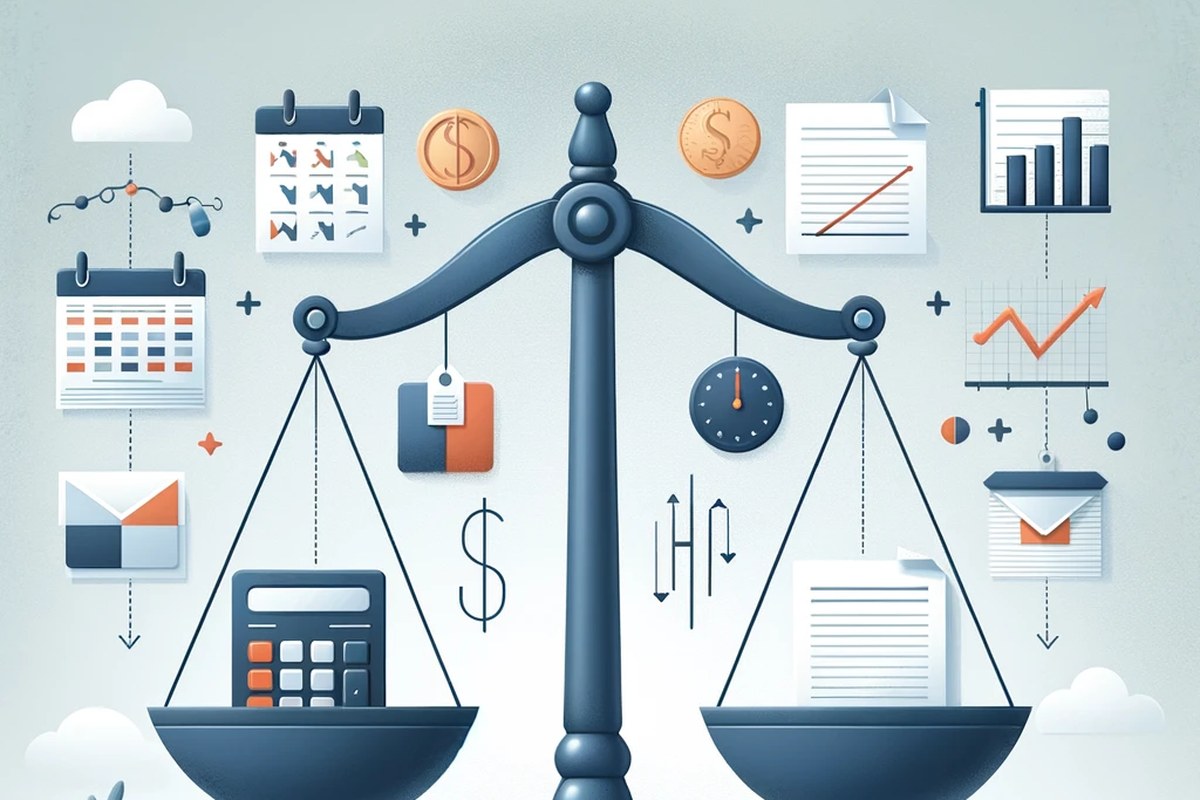 Illustration of a balanced scale with accounting icons on each side